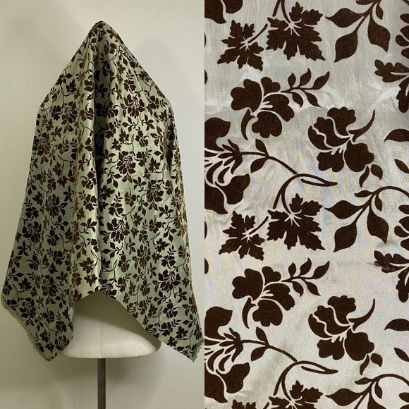 BROWN VELVET BROCADE PLANTS ON GREEN POLY TAFFETA FABRIC 1 Metre 59”X43” - Picture 1 of 4